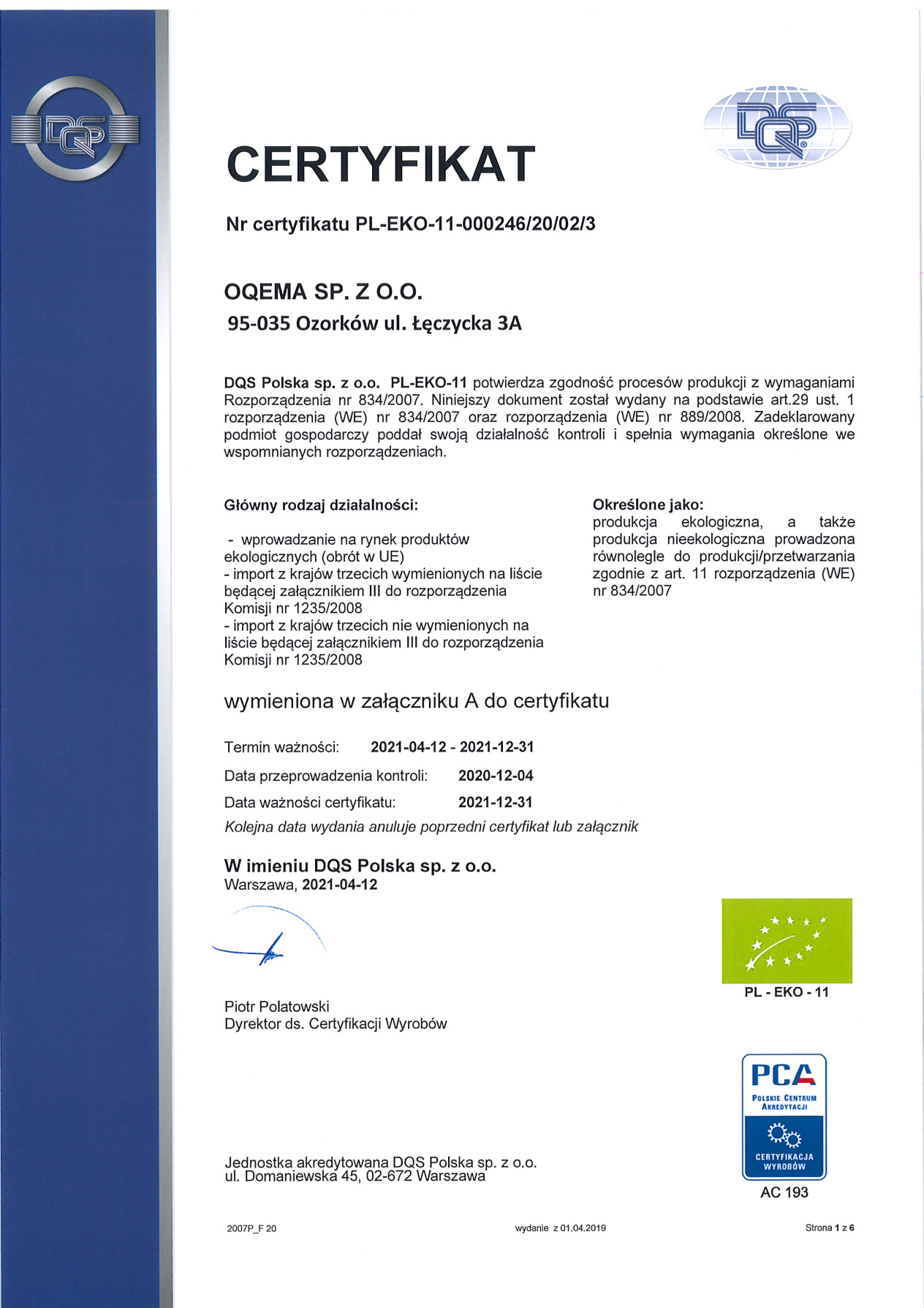BIO (organic) certificate